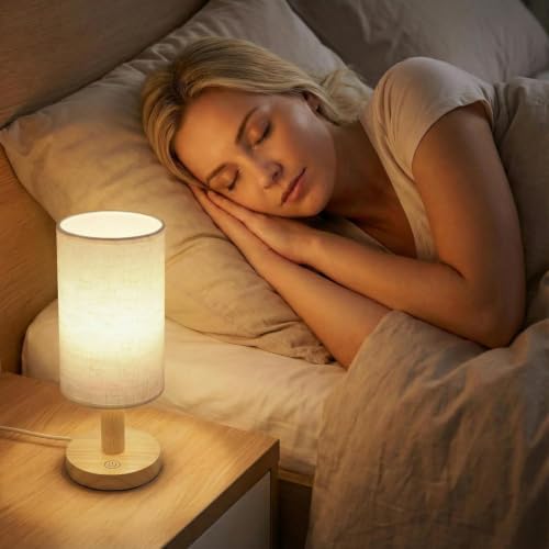 Touch Bedside Table Lamps Set of 2 - Stepless Dimming USB Powered, Minimalist Wood Base Linen Shade, 2700K Warm Night Light for Bedroom Nightstand Nursery Dorm Kitchen Small Spaces(5W LED 50K Hrs)