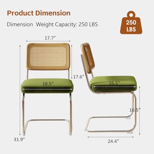 Rattan Dining Chairs Set of 6,Velvet Cesca Chair Kitchen Chair,Olive Green | VICBARLEY Mid Century Modern Dining Chairs,Wood Cane Backrest&Chrome Base,Upholstered Side Chair for Dining Room,Kitchen - color: Olive Green, size: Set of 6