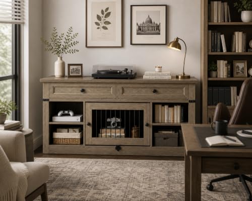 WLIVE Farmhouse TV Stand up to 65 Inch TV with 2 Storage Drawers & Open Shelves, Entertainment Center with Small Dog/Cat House, TV Cabinet for Living Room, Bedroom,Dog Crate Furniture(Grey Oak) - color: Grey Oak