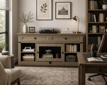 WLIVE Farmhouse TV Stand up to 65 Inch TV with 2 Storage Drawers & Open Shelves, Entertainment Center with Small Dog/Cat House, TV Cabinet for Living Room, Bedroom,Dog Crate Furniture(Grey Oak) - color: Grey Oak