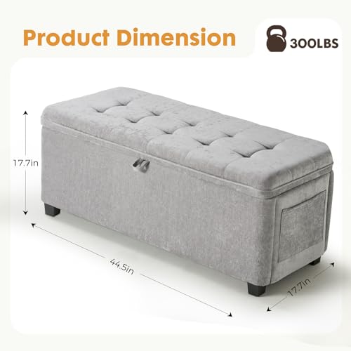 Gray Ottoman with Storage, 45 Inch End of Bed Bench with Pocket | 330 Lbs Capacity, Safety Hinge,Linen-Like Chenille Fabric, Hidden Storage Bench for Entryway, Living Room, Bedroom Footrest - color: Chenille-gray
