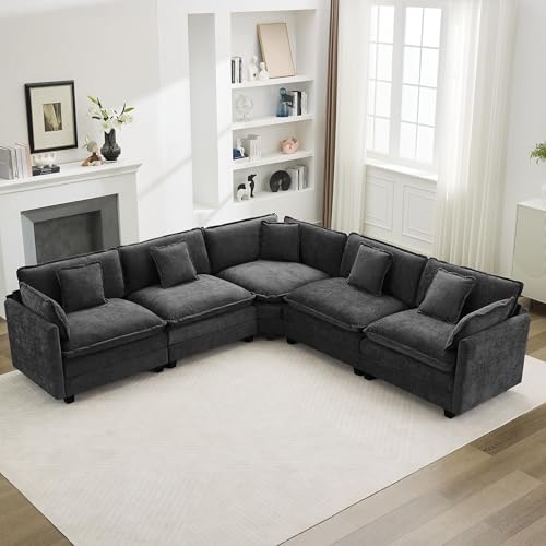 113'' V Shaped Cloud Sectional Sofa, Oversized Deep Seat Couches for Living Room, Chenille Comfy Upholstered Modular Sectional Sofa Couch, Dark Grey - color: Dark Grey, size: 113'' V Shape