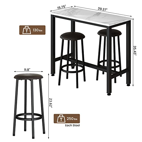 AWQM 39.3" Bar Table Set of 2,Faux Marble Pub Height Table and Chairs Set of 2 with Upholstered Stools,3 Piece Bar Table and Chairs Set Dining Table Set for Living Room,Kitchen,Bar,White & Brown - style: Modern 39.3"