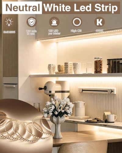 VST 12V LED Strip Lights 2835 Cuttable Connectable 120LEDs/m | Flexible & Dimmable LED Tape Light for Indoor Under Cabinet Bedroom 100Lm/M,9.6W/M, CRI 90+,Width 10mm, ETL-Listed,No Driver - color: 4000K-White, size: 32.8ft