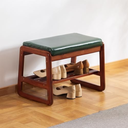 latifolia Solid Wood Bench, Entryway Shoe Bench with Cushion, 2 Tier Shoe Storage Organizer for Hallway, Living Room(Green,21.65''L) - color: Green, size: 21.65''L