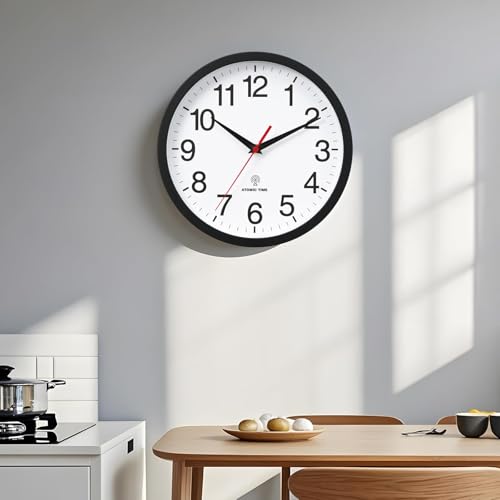 Wall Clock Analog 12 Inch Atomic Battery Operated Silent Clock | Black, Easy To Read, Non Ticking, Round, Accurate, Kitchen, Living Room, Classroom, Office, School - color: Atomic_black, size: 12 Inch