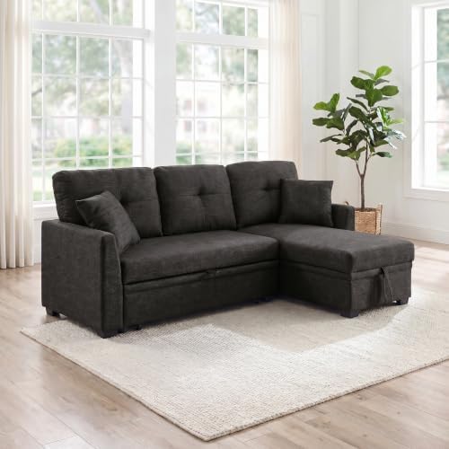 L Shape Queen 3-Seat Pull Out Sleeper Sofa Bed with Storage, Black | Convertible Sofa Bed, L Shape Sleeper Sofa wit, Reversible Storage Chaise, Tufted Fabric,Sectional Sleeper Sofa - color: C-charcoal Black-03c