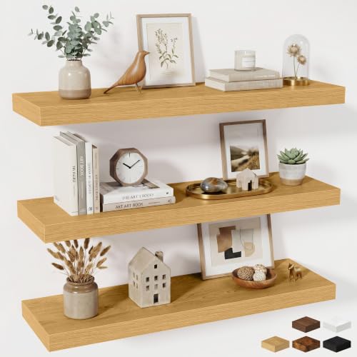 Fun Memories Floating Shelves for Wall 36 Inches, Wood Shelves with Invisible Bracket, 10" Deep Shelves Wall Mounted, Large Wood Floating Shelves for Living Room Bathroom, Oak, Set of 3 - color: Natural Oak, size: 36W x 10D x 1.5H