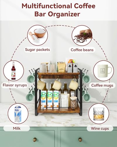 IBUYKE Kitchen Mug Cup Holder,2 Tier Coffee Bar Organizer,Brown TBJ006H | Coffee Bar Station Countertop Organizer Coffee Mug Stand with 18 Hooks,Multifunctional Mug Tree for Home Kitchen Office - color: Rustic Brown