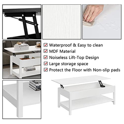 Panana Lift Top Coffee Table with Hidden Compartment and Open Shelf, Lift Tabletop Pop-Up Coffee Table for Living Room, 45.28" L, White - color: White