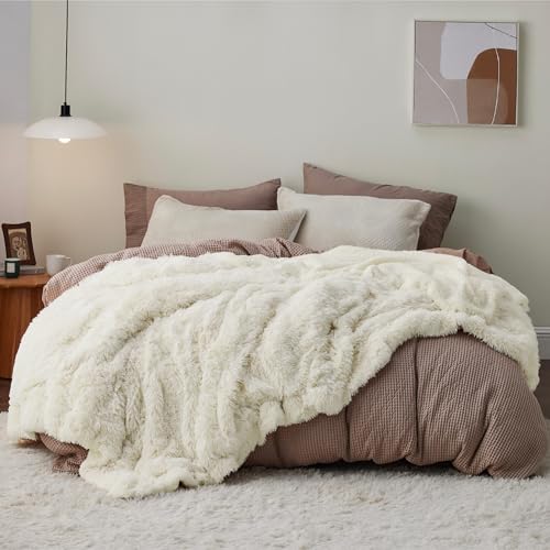Bedsure GentleSoft Fluffy Cream Blankets Queen Size for Bed, Thick Sherpa Faux Fur Fleece Fuzzy Plush Winter Warm Heavy Soft Full Queen Blankets, Bedroom Decor Cream Gifts Cozy Gifts for Women, 90x90 - color: 02- Cream, size: Queen (90" X 90")