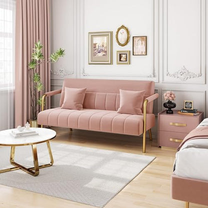 Yaheetech 56.5" Smal Sofa 2 Seater Couch with Gold-Tone Legs, Pink | Small Sofa Loveseat Velve 2 Seater Couch with Tufted Back Gold Metal Frame 2 Pillows for Office, Studio,Living Room - color: Pink, size: 56.5" W
