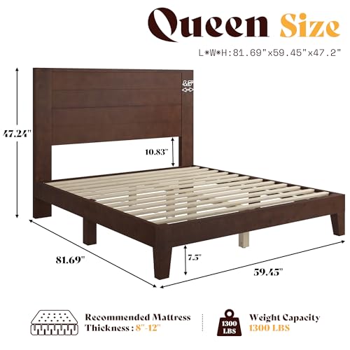 AMERLIFE Queen Size Solid Wood Bed Frame with 48" Headboard Design, Walnut | Solid Wood Construction, 48" Headboard, Mid Century Style, Silent Wood Slat System, Under Bed Storage - color: Walnut, size: Queen