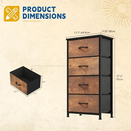 DWVO Dresser with 4 Drawers - Fabric Storage Tower | Organizer Unit for Bedroom, Living Room, Hallway, Closets - color: Rustic Brown, style: 4-Drawer
