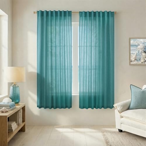 Teal Curtains 63 Inch Length 2 Panel Set, Summer Ocean Coastal Beach Decor Semi Sheer Light Filtering Linen Curtain Drapes for Living Room Bedroom Kids Room, Teal Blue Green, Cortinas Color Turquesa - color: Teal, size: 52"W x 63"L (Pack of 2)