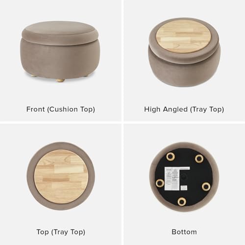 mopio Luna Round Ottoman with Storage and Tray, Round Coffee Table with Storage, Upholstered Foot Stools Ottoman for Living Room, Bedroom, with Solid Rubberwood Legs (Mocha Brown Premium Velvet) - color: Brown Velvet, Round