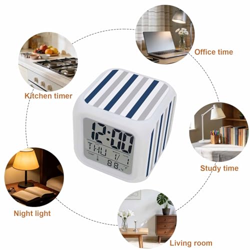 Digital Alarm Clocks for Bedroom,Navy Blue Stripe Gray Linen Cube Alarm Clock with Snooze and Nightlight Geometric Minimalist Style Silent Office Desk Clock Time/Date/Temperature Display - color: Blue