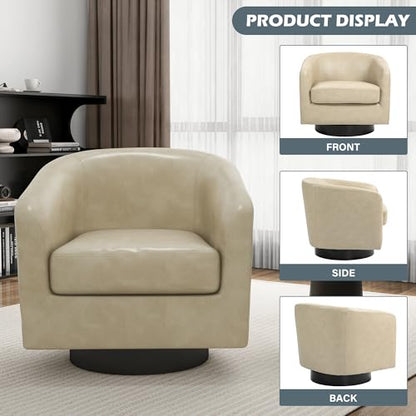 Swivel Accent Chair, PU Leather Upholstered Barrel Club Chair, Cream | Modern Round Armchair | Comfy Reading Seat with Removable Cushion | For Living Room, Bedroom, Office - color: Cream