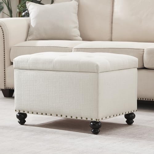 Zihanhome Small Storage Ottoman, Tufted Ottoman Foot Rest, Foot Stools, 24" Upholstered Rectangle Bench with Solid Wood Legs for Living Room, Bedroom, Dorms and Apartments (White) - color: White