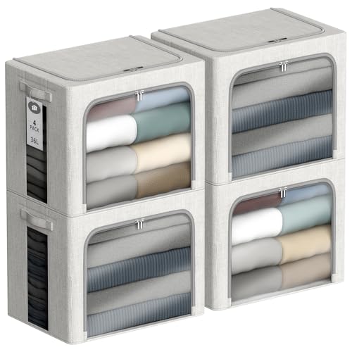 4 Pack Clothes Storage Bins with Metal Frame - 36L Stackable Storage Box with Lid，Foldable Storage Container Organizer for Clothes，Linen Fabric Storage Box with Clear Window＆Zippers＆Handles - color: Light Grey, size: 36L