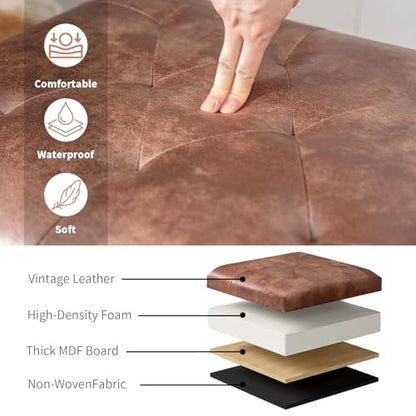 Leather Storage Ottoman, 24" Rectangle Tufted Square Upholstered Bench, Foot Rest Stool with Wood Legs, Footstool for Living Room Bedroom, Coffee - color: Coffee
