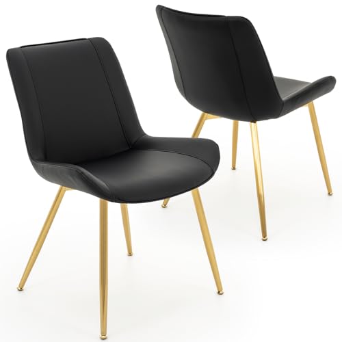 Dining Chairs Set of 2, PU Leather Armless with Metal Legs Black, Gold Legs | Fits Dining Rooms, Kitchens, Waiting room, Living rooms, Offices & Cafes, Easy to Clean Easy to assemble Adjustable Foot Pads - color: Black With Gold Legs