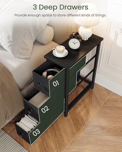 Narrow Side Table with 3 Fabric Drawers, Industrial Slim Bedside Table for Small Spaces, Bedroom, Living Room, Dormitory, Black TBZ09BB - color: Black