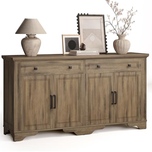 63" Sideboard Buffet Cabinet, Large Credenza Washed Brown | Kitchen Buffet Storage Cabinet, Coffee Bar Cabinet, Console Table, Wood, with 4 Doors, for Living Room Hallway - color: Washed Brown, size: 63 Inch
