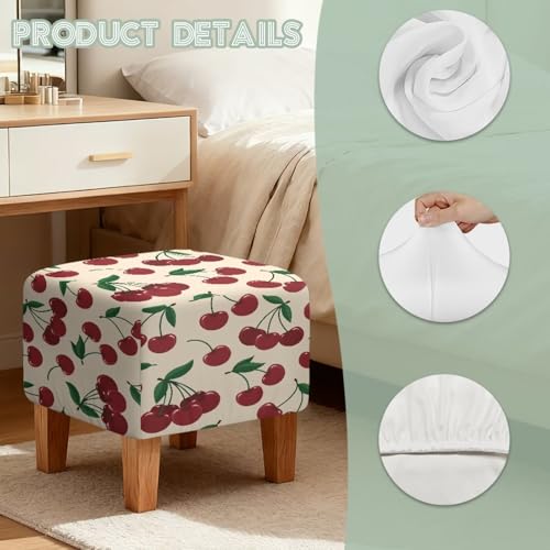 Cute Cherry Print Stretch Square Ottoman Cover Nonslip Elastic Band Bottom Footrest Stool Cover Protector for Square Ottoman 13x13x15 Inch - color: Cute Cherry