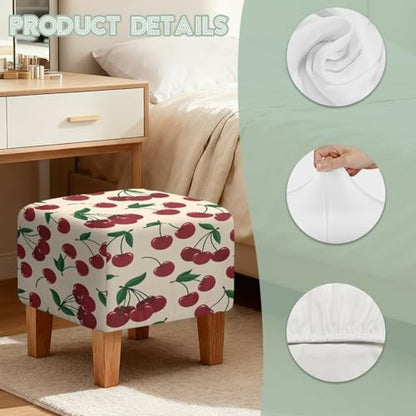 Cute Cherry Print Stretch Square Ottoman Cover Nonslip Elastic Band Bottom Footrest Stool Cover Protector for Square Ottoman 13x13x15 Inch - color: Cute Cherry