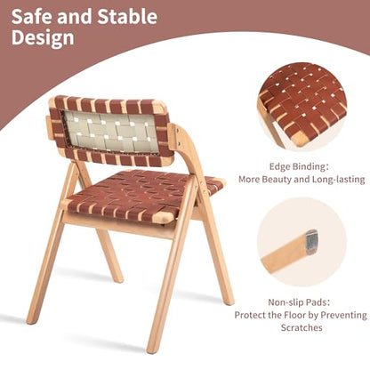 Folding Dining Chairs Set of 2 | Wooden Foldable Chair with Leather-Woven Backrest and Widened Seat Extra for Guests Kitchen Office Wedding Picnic Brown - color: Brown With Leather Strap, size: 2PCS