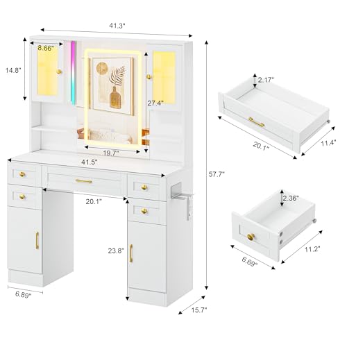 Vanity Desk with Mirror and LED Lights & Power Outlet | Large Makeup Vanity Table with 5 Drawers and 4 Storage Cabinets, White Dressing Table for Bedroom - size: 049 Pure White
