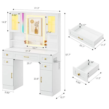 Vanity Desk with Mirror and LED Lights & Power Outlet | Large Makeup Vanity Table with 5 Drawers and 4 Storage Cabinets, White Dressing Table for Bedroom - size: 049 Pure White