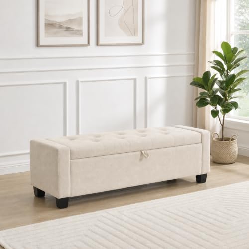 43" Ottoman with Storage, Beige Storage Ottoman Bench | Upholstered Entryway Bench with Seating for Bedroom, Living Room, with Safety Hinge Holds up to 330 lb - color: Beige, size: 19.2"D x 43"W x 16.9"H