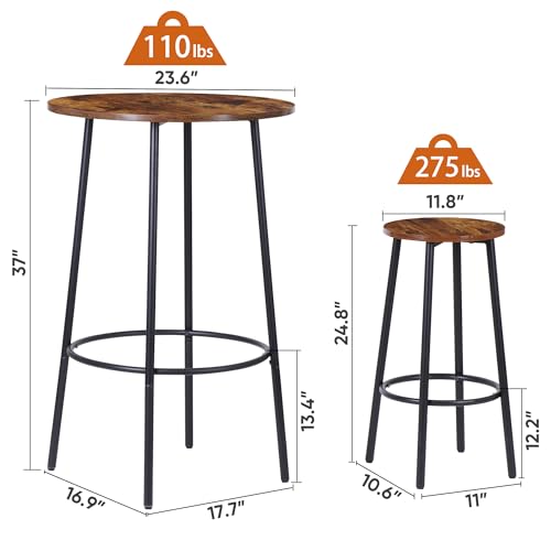 SUPER DEAL Round Pub Dining Set, 3 Piece Small Kitchen Table Set with 2 Counter Height Wood Bar Stools for Kitchen Breakfast, Living Room, Small Space, Rustic Brown