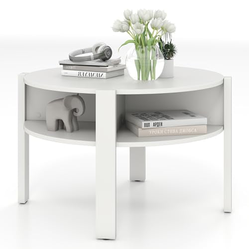 GIANTEX Round Coffee Table, Mid Century Modern Center Table (White) | 2-Tier Storage Shelves & 4 Side Compartments, Wood Coffee Table for Living Room, Small Spaces - color: White