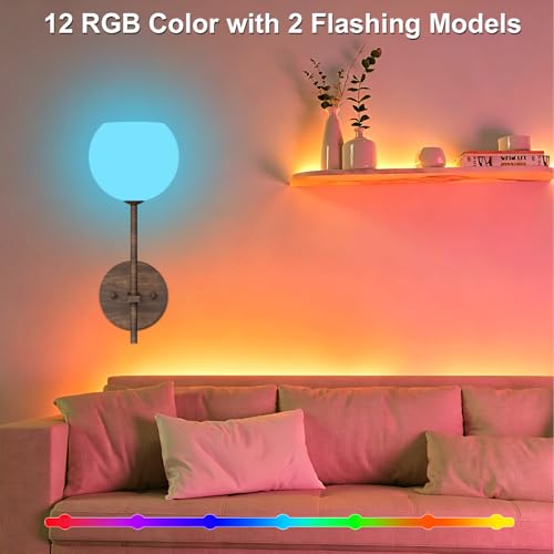 Walnut Grain Battery Operated Wall Sconces Set of 2, Rechargeable Wireless Wall Lights with Milky White Frosted Glass, 12 RGB and 3CCT Dimmable, Wall Lamps with Remote for Bedroom Living Room Hallway - color: Walnut Grain