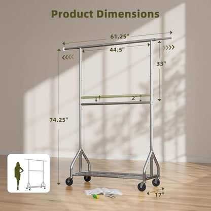 Simple Trending Heavy Duty Clothes Rack, Extendable Clothing Rack, Chrome | Double Rod Garment Rack, Freestanding Portable Closet, with Wheels & Shelf, Adjustable Middle Rod, for Bedroom, Laundry - size: 17"D x 61.25"W x 74.25"H