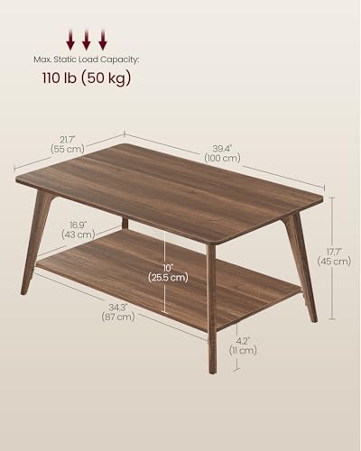 VASAGLE MAEZO Collection - Coffee Table, 2-Tier Center Table with Storage, Tapered Legs, Curved Transitions, 21.7 x 39.4 x 17.7 Inches, Easy to Assemble, for Living Room, Chestnut Brown ULCT249KX01S - color: Chestnut Brown