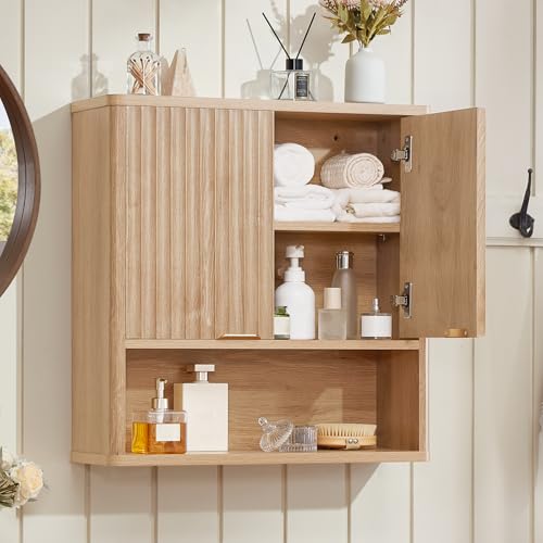 LEYAOYAO Modern Fluted Bathroom Wall Cabinet, Wall-Mounted Medicine Cabinet | Natural Floating Over the Toilet Storage Cabinets with Adjustable Shelf & Doors for Laundry Room, Kitchen, Living Room - color: Natural-fluted, size: 7.7"D×23.5"W×24"H