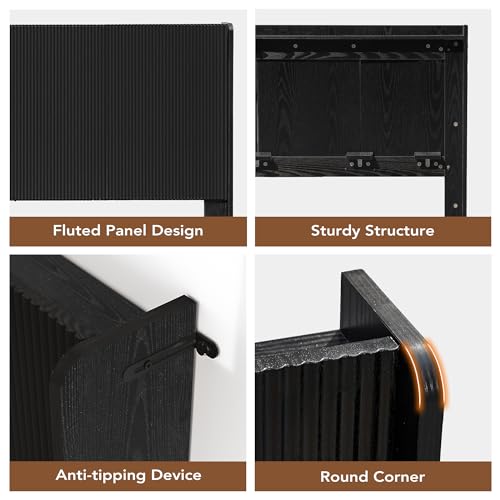 King Size Headboard with Outlets&Lighting, Black 80" W Headboard Only, Mid Century Modern Freestanding Fluted Headboard Noise-Free with Storage - color: Black, size: King