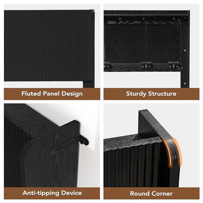 King Size Headboard with Outlets&Lighting, Black 80" W Headboard Only, Mid Century Modern Freestanding Fluted Headboard Noise-Free with Storage - color: Black, size: King