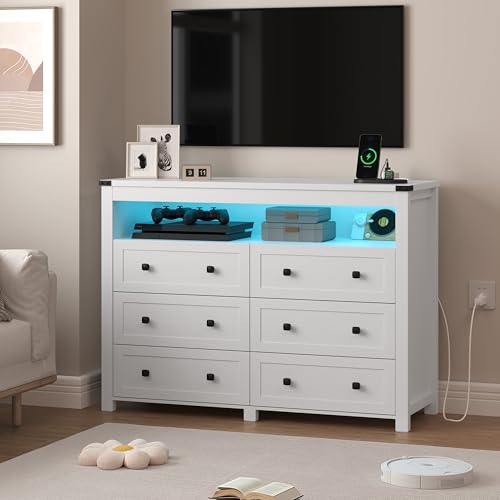 White Dresser 6 Drawer Dressers for Bedroom with LED Lights, Charging Station, Wood Chest of Drawers with Metal Handles, Modern TV Stand Storage Cabinet for Living Room, Hallway, Entryway - color: White, style: LED 6 Drawers