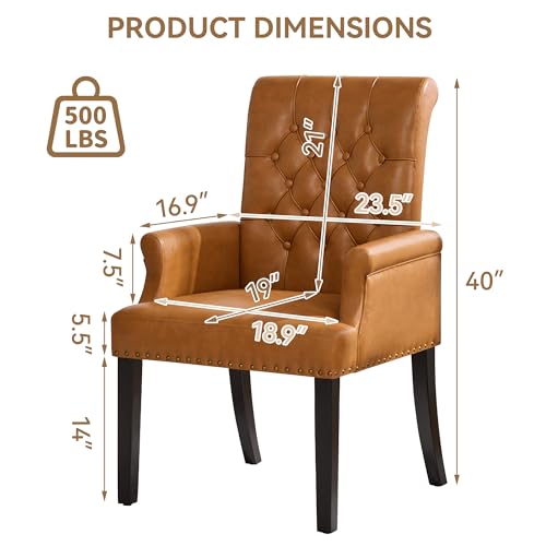 Dining Chair with Arms, PU Leather High Back Dining Room Chairs, Brown | Set of 2, PU Leather Dining Chairs, Tufted Armchair with Solid Wood Leg, Nailhead Trim, Comfortable Parson Kitchen Chairs - color: Pu-brown, size: 2 PCS