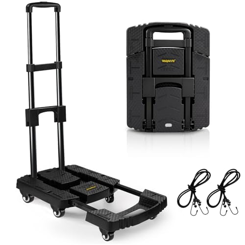 Voipvvii Folding Hand Truck 500lbs, Portable Heavy Duty Dolly Cart, 6 Wheels Collapsible Luggage Cart with 2 Elastic Ropes - Compact Trolley Cart for Easy Moving - Ideal Hand Cart for Travel and More - color: Black