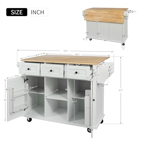 Kitchen Island, Rolling Kitchen Cart with Drop Leaf Top | Drop leaf countertop expands prep and serving space, folds down to save room in compact kitchens or dining areas - color: White + Mdf + Rubber Wood