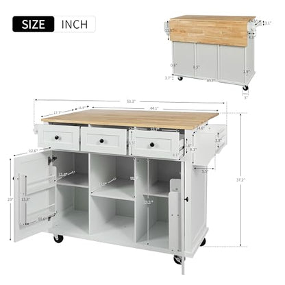53'' Rolling Kitchen Island with Storage, Large Kitchen Cart On Wheels with Drop Leaf & Power Outlet & Drawers, Mobile Kitchen Table with 3 Drawers, for Dining Room (White) - color: White