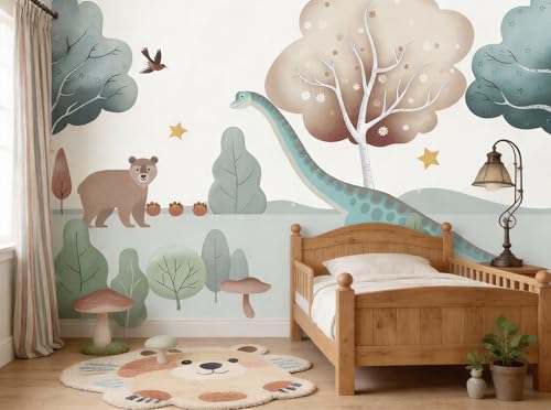 ASJ Dinosaur Peel and Stick Wallpaper Mural, Nursery Woodland Mint Green | Seamless edge-to-edge match. Bear mushroom nature artwork, 118x78 in, premium fabric, boys girls room playroom. - color: mint green, size: 118" x 78"
