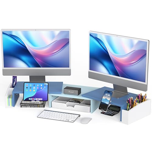 Simple Houseware Desk Dual Monitor Stand Riser with Drawer, Blue | Customizable Organizer Tray, Built-In Phone & Tablet Slot and Side Storage - color: Blue