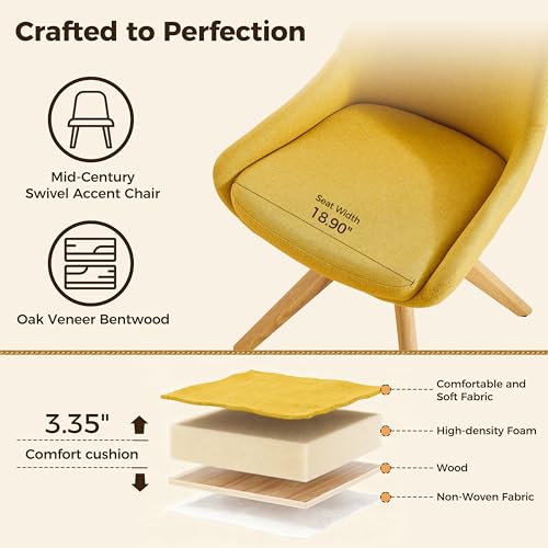 Swivel Desk Chair for Home Office, Oak Wood, Fabric, Yellow | No Wheels Design, Solid Wood Legs, Mid Century Modern, Upholstered, 360° Swivel, Low Armrests, Living Room, Bedroom - color: Yellow
